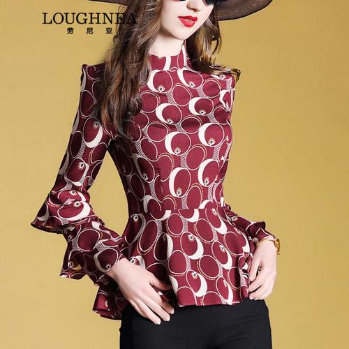 loughnea輕奢品牌女裝上衣女立領(lǐng)印花喇叭袖春裝2018新款襯衣女百搭